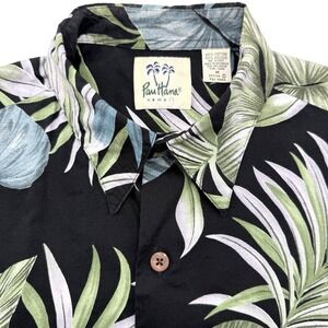Pau Hana Hawaii Shirt Mens M Black Tropical Palm Leaf Aloha Short Sleeve Button